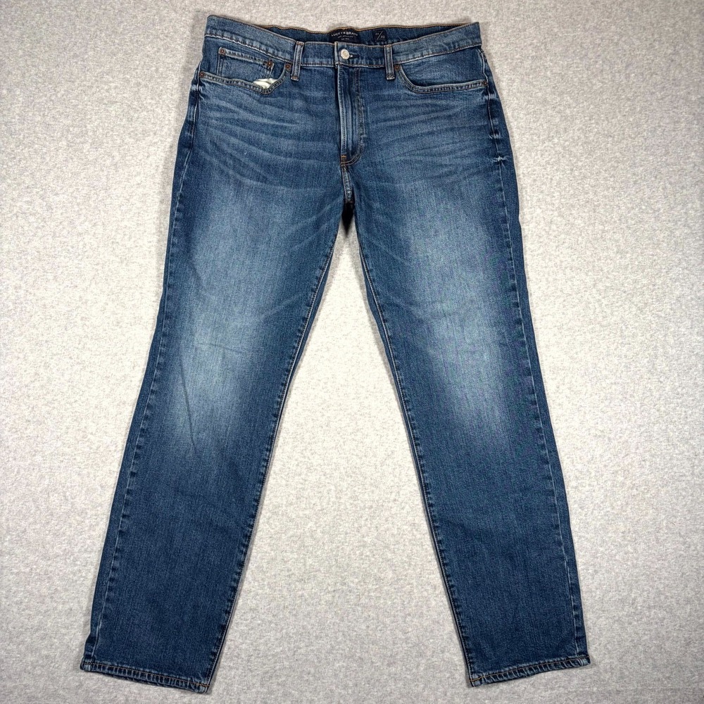 Lucky Brand 121 Slim Straight Jeans Mens 36x32 (Fits 36x31) Blue Denim Whiskered